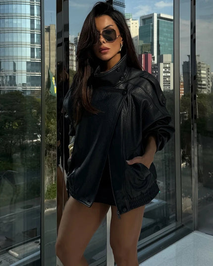 Women's Faux Leather Loose Jacket with Stand Collar and Zipper