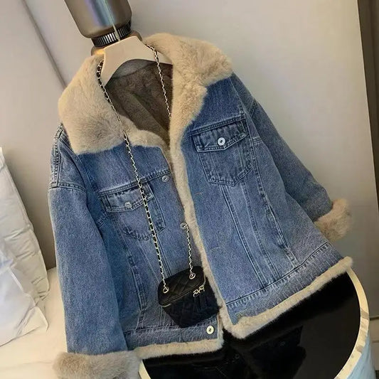 Fleece-Lined Denim Jacket for Women with Loose Fit and Fur Collar