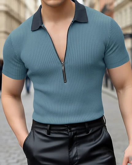 Incerun Men's Knitted T-Shirt with Lapel, Short Sleeve, and Zipper