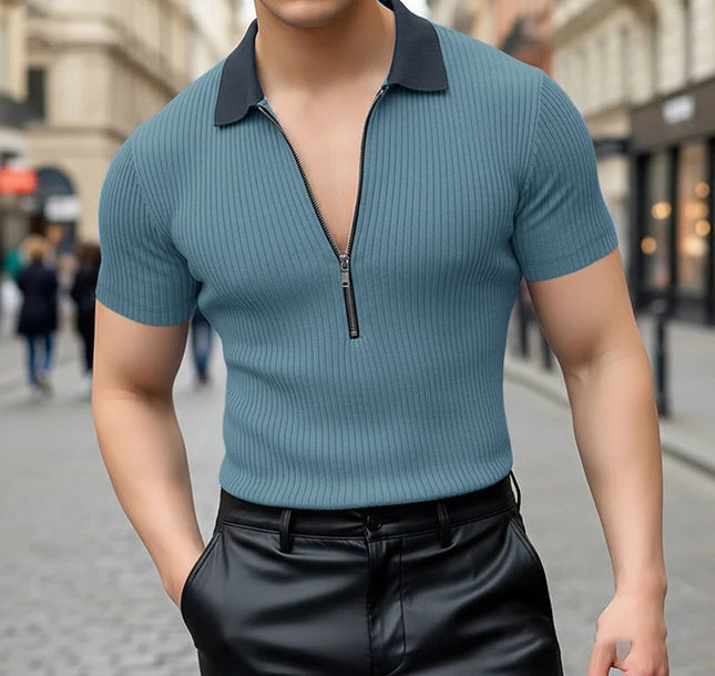 Incerun Men's Knitted T-Shirt with Lapel, Short Sleeve, and Zipper