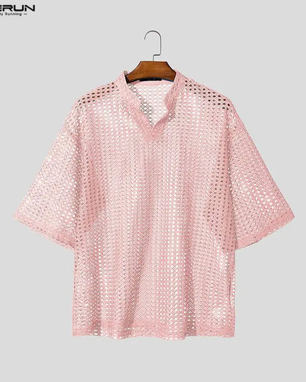 Incerun Men's Hollow Out V-Neck Short Sleeve T-Shirt - See-Through Loose Fit