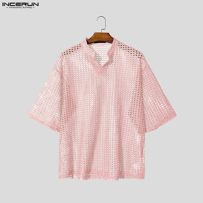 Incerun Men's Hollow Out V-Neck Short Sleeve T-Shirt - See-Through Loose Fit