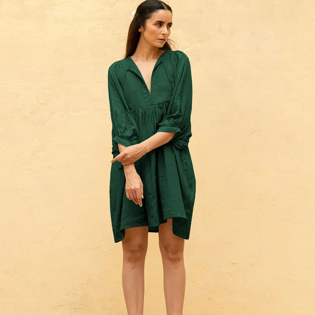 Boho Style Loose Lantern Sleeve Short Dress for Women - Vintage Oversized Bohemian Dress