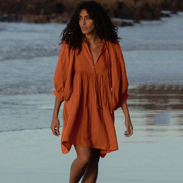 Boho Style Loose Lantern Sleeve Short Dress for Women - Vintage Oversized Bohemian Dress