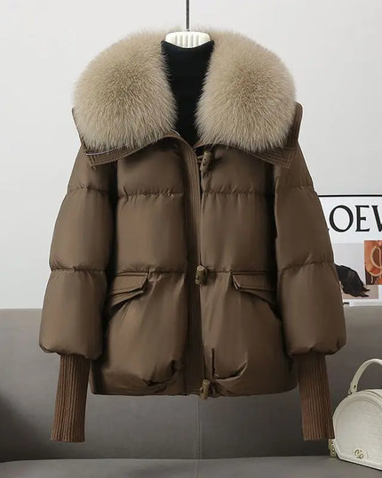 Women’s Short Padded Parka Jacket with Down Cotton, Fur Collar