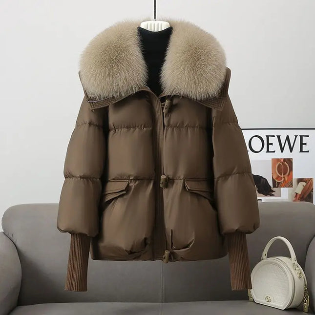 Women’s Short Padded Parka Jacket with Down Cotton, Fur Collar