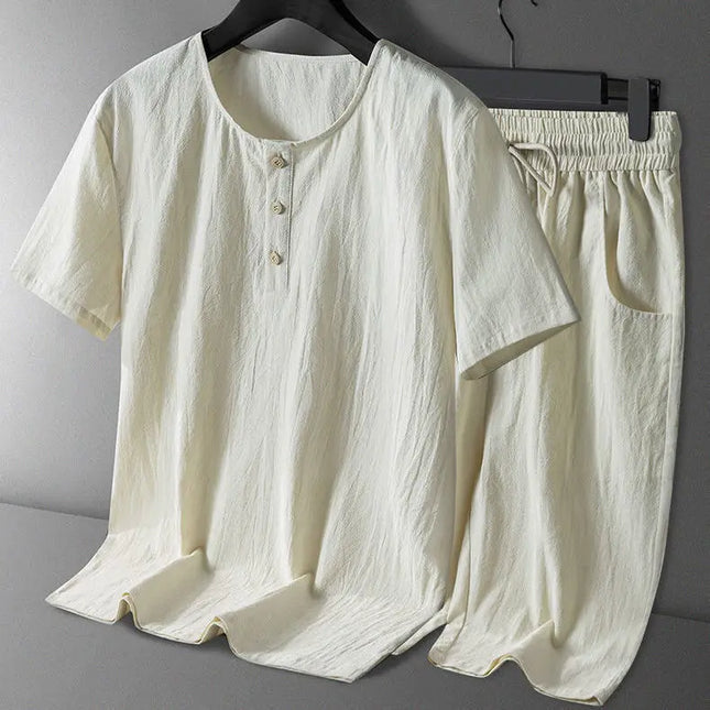 Men’s Two-Piece Button T-Shirt and Shorts Set - Relaxed Fit, Round Neck
