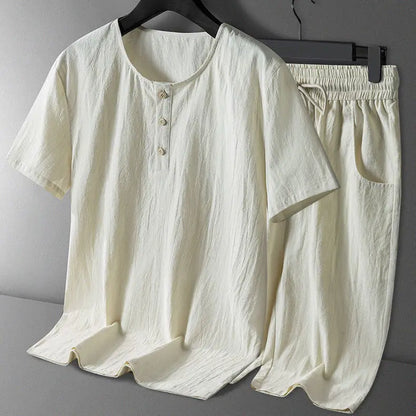 Men’s Two-Piece Button T-Shirt and Shorts Set - Relaxed Fit, Round Neck