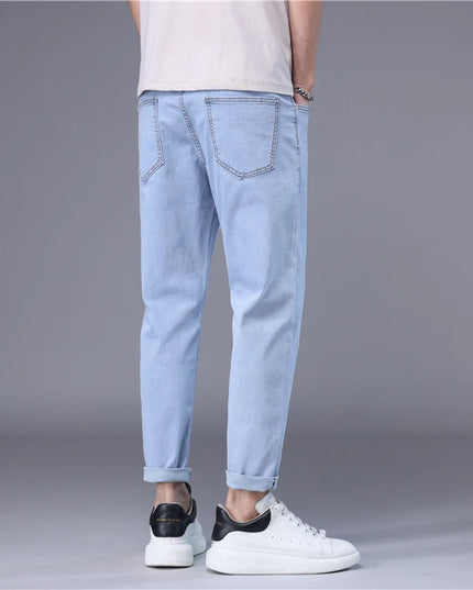 Stylish Slim Fit Men's Korean Style Thin Jeans - Straight Foot Denim Cropped Pants for Men