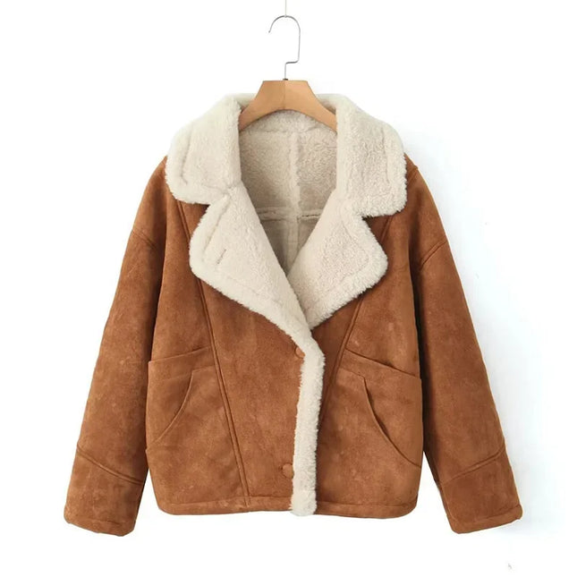 Women's Vintage Wool Lapel Jacket with Thicken Fabric and Pockets