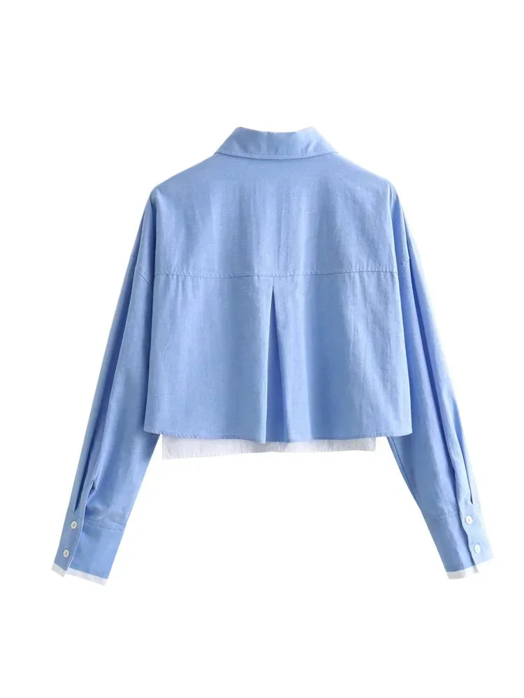 Women's Crop Blouse Shirt with Lapel, Long Sleeves, and Pocket