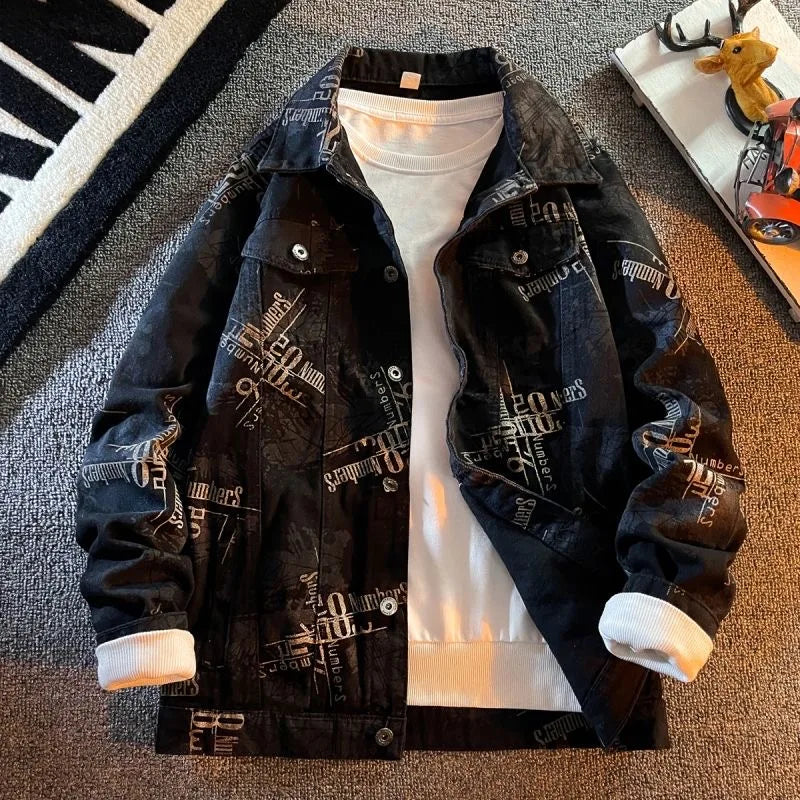 Men's Letter Graffiti Denim Style Jacket – Stylish Streetwear Outerwear for Men