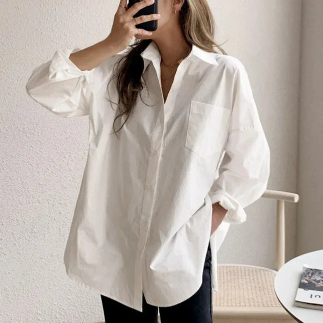 Womens Casual Loose Blouses with Turn-down Collar