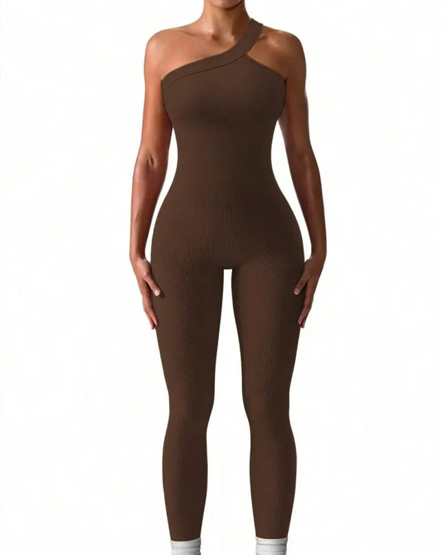 Women's One-Shoulder Ribbed Yoga Jumpsuit – Stylish Activewear