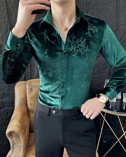 Luxury Velvet Shirt for Men - Slim Fit Casual Floral Design