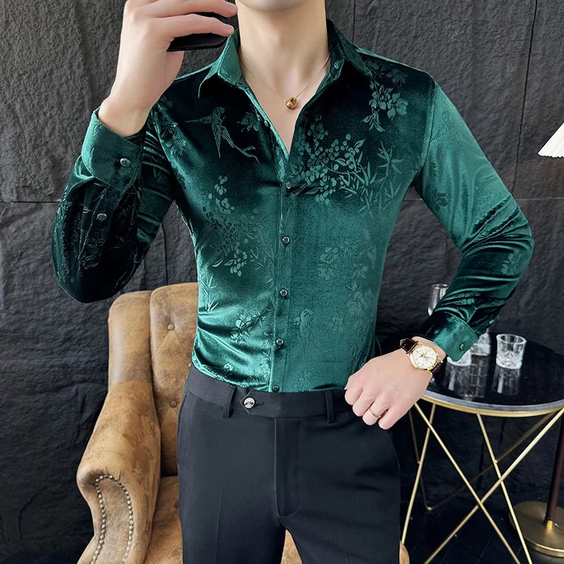 Luxury Velvet Shirt for Men - Slim Fit Casual Floral Design