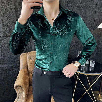 Luxury Velvet Shirt for Men - Slim Fit Casual Floral Design