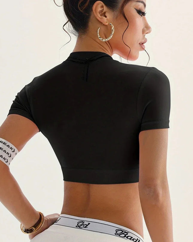 Women's Slim Fit Cropped Top with Half Zip, Mock Neck, and Short Sleeves