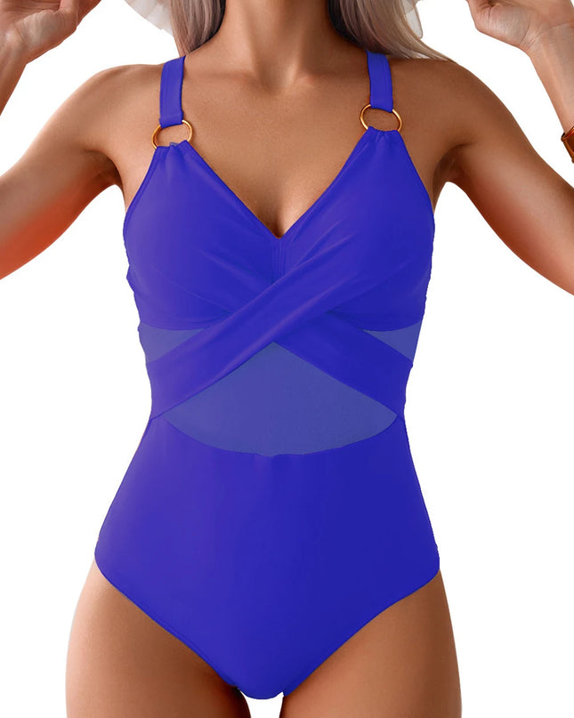 Women’s One Piece Mesh Ruched Swimwear with Ring Link Design