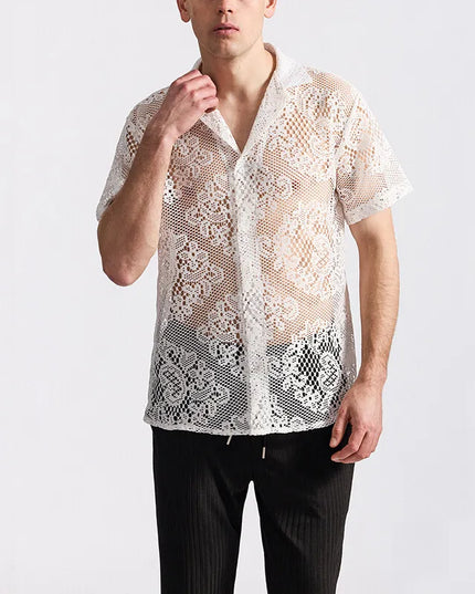 Men's Short Sleeve Mesh Lace Knit Shirt