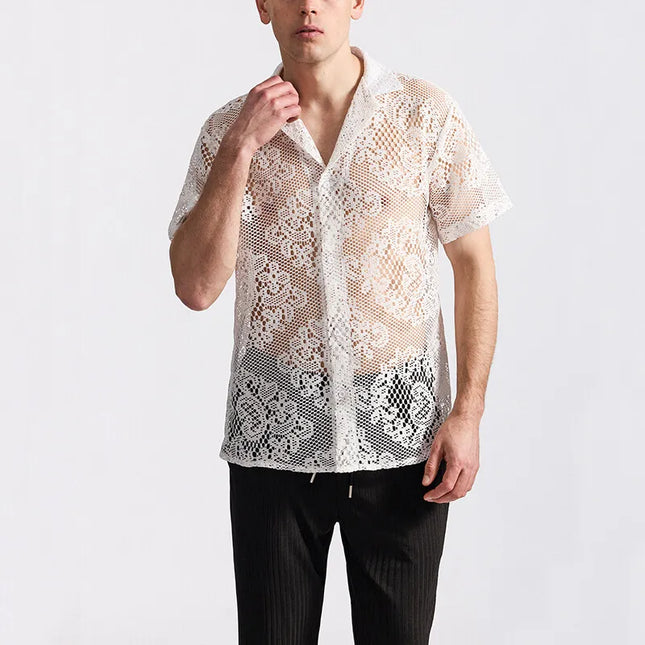 Men's Short Sleeve Mesh Lace Knit Shirt