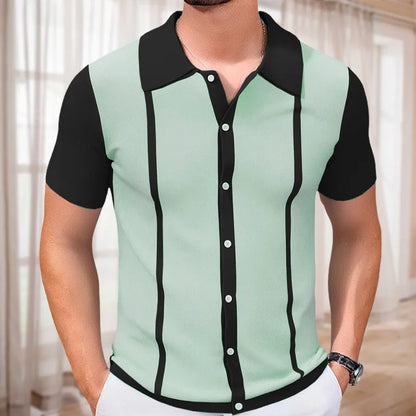 Men's Breathable Striped Knit Patchwork Polo Shirt - Short Sleeve Button-Up