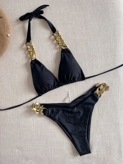 Women's Two-Piece Halter Bikini Set with Push-Up Triangle Top - Various Colors