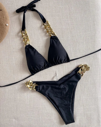 Women's Two-Piece Halter Bikini Set with Push-Up Triangle Top - Various Colors