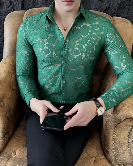 Men's Mesh See-Through Floral Lace Sheer Casual Shirt
