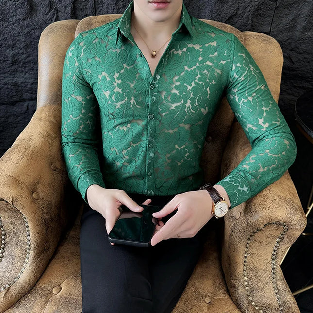 Men's Mesh See-Through Floral Lace Sheer Casual Shirt