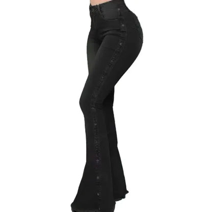 Women's High Waist Flared Jeans with Side Studded Buckle Decoration