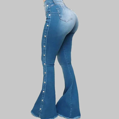 Women's High Waist Flared Jeans with Side Studded Buckle Decoration