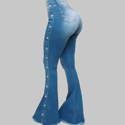 Women's High Waist Flared Jeans with Side Studded Buckle Decoration