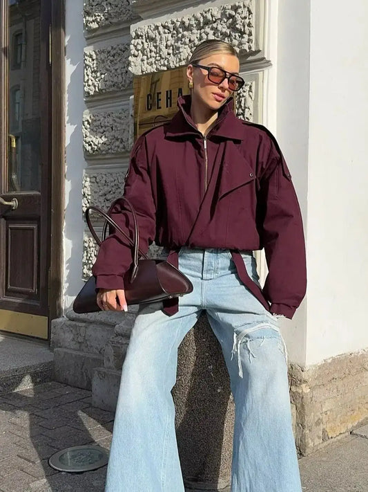 Women's Zipper Bomber Jacket – Loose Fit, Stand Collar