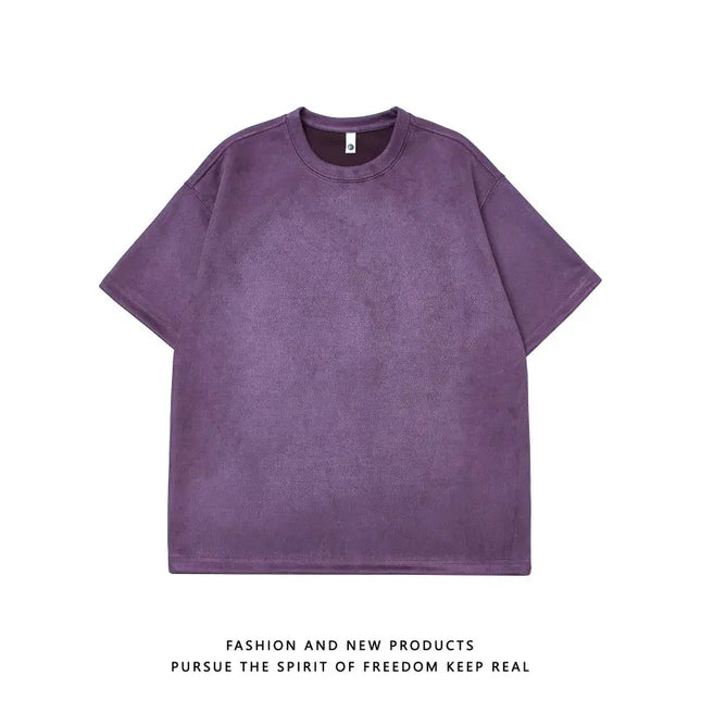 Men's Oversized Faux Suede Short Sleeve T-Shirt with Round Neck