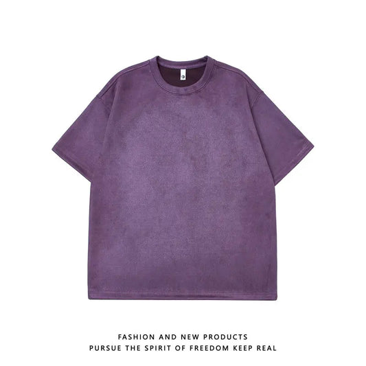 Men's Oversized Faux Suede Short Sleeve T-Shirt with Round Neck