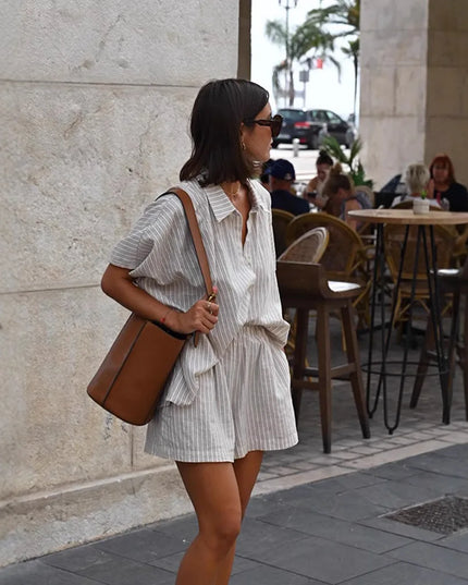 Women's Casual Two-Piece Set: Striped Short-Sleeved Shirt and Shorts, Loose Fit