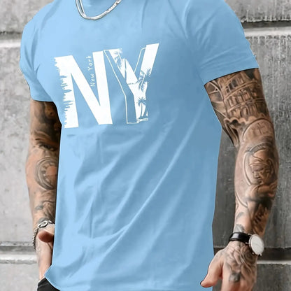 Men's 100% Cotton Casual T-Shirt with NY Letter Print