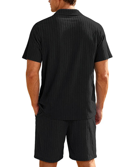 Men's Two-Piece Casual Button-Down Shirt and Drawstring Shorts Set