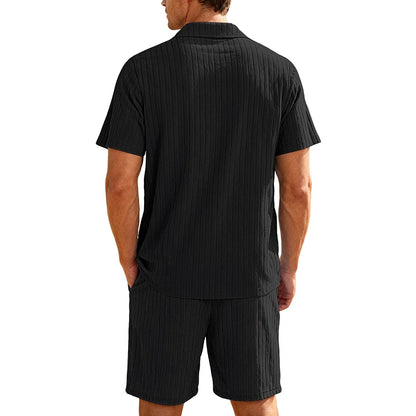 Men's Two-Piece Casual Button-Down Shirt and Drawstring Shorts Set