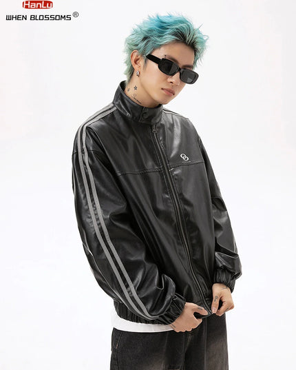 Unisex Black PU Leather Jacket with Metallic Print