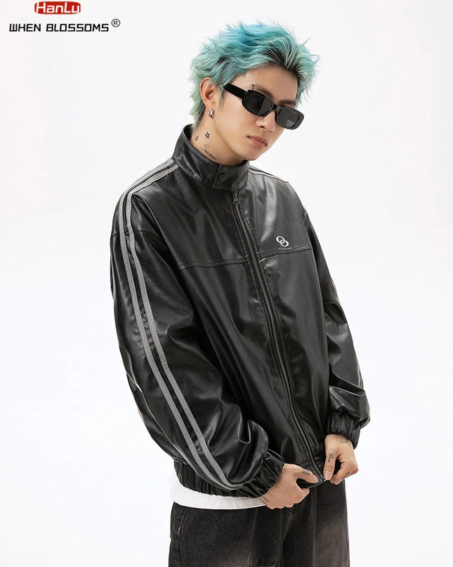 Unisex Black PU Leather Jacket with Metallic Print