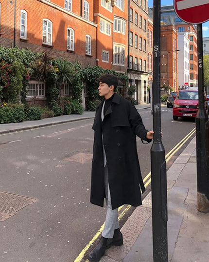 Mens Double-Breasted  Belted Trench Coat with Lapels