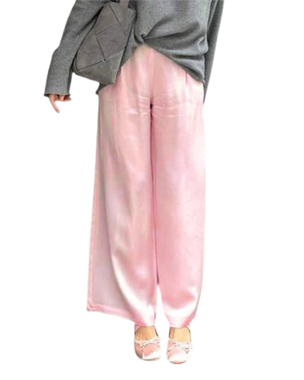 Women's Satin Wide Leg Pants - Casual High Waist Elastic Waistline
