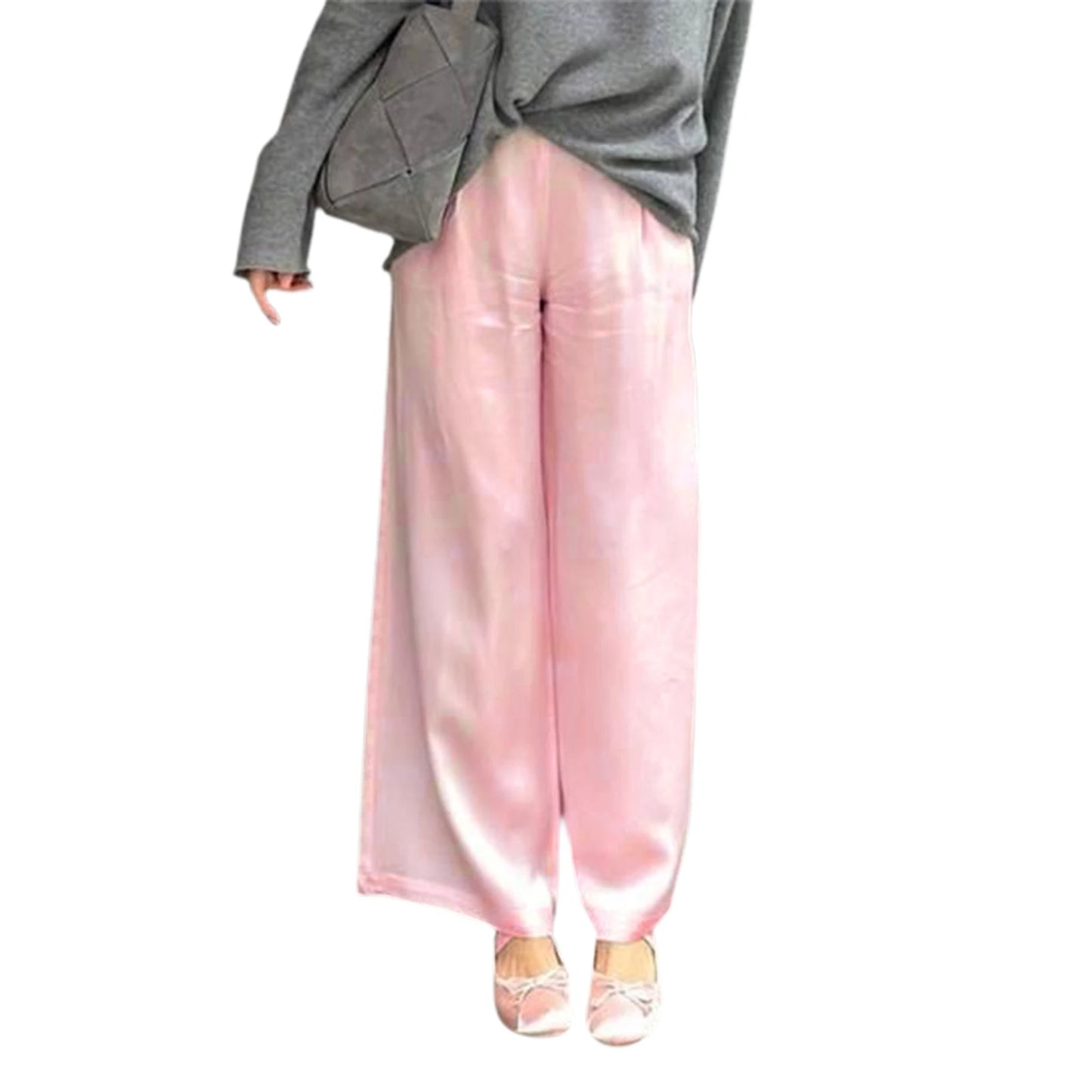 Women's Satin Wide Leg Pants - Casual High Waist Elastic Waistline