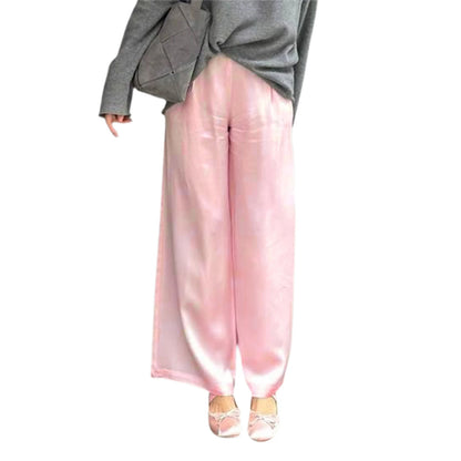 Women's Satin Wide Leg Pants - Casual High Waist Elastic Waistline