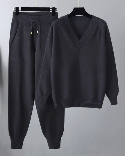 Women's Knitted 2-Piece Set – V-Neck Full Sleeve Sweater & Pencil Pants