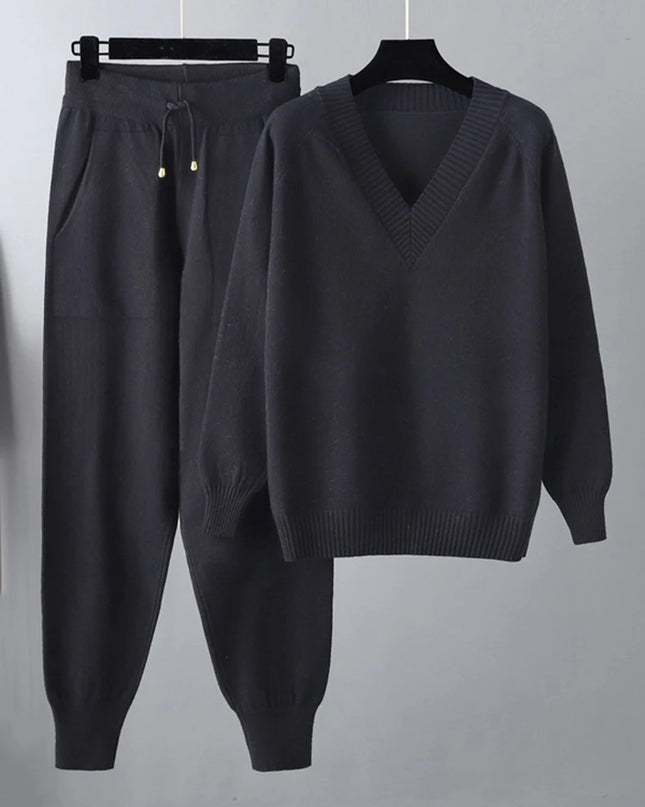 Women's Knitted 2-Piece Set – V-Neck Full Sleeve Sweater & Pencil Pants