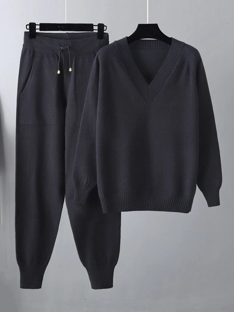 Women's Knitted 2-Piece Set – V-Neck Full Sleeve Sweater & Pencil Pants