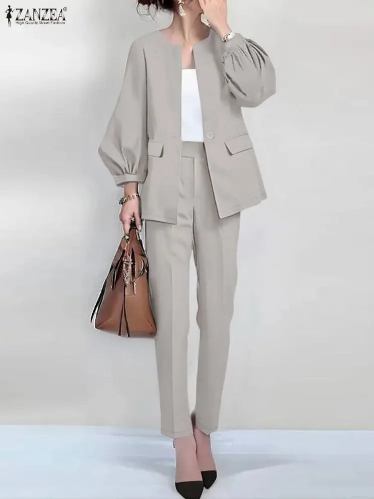 ZANZEA Women's 2-Piece Lantern Sleeve Blazer and Pants Set